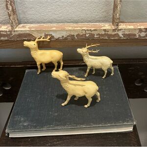 3 Vintage Christmas Japan Celluloid  Reindeer Deer Figurine Red Eyes